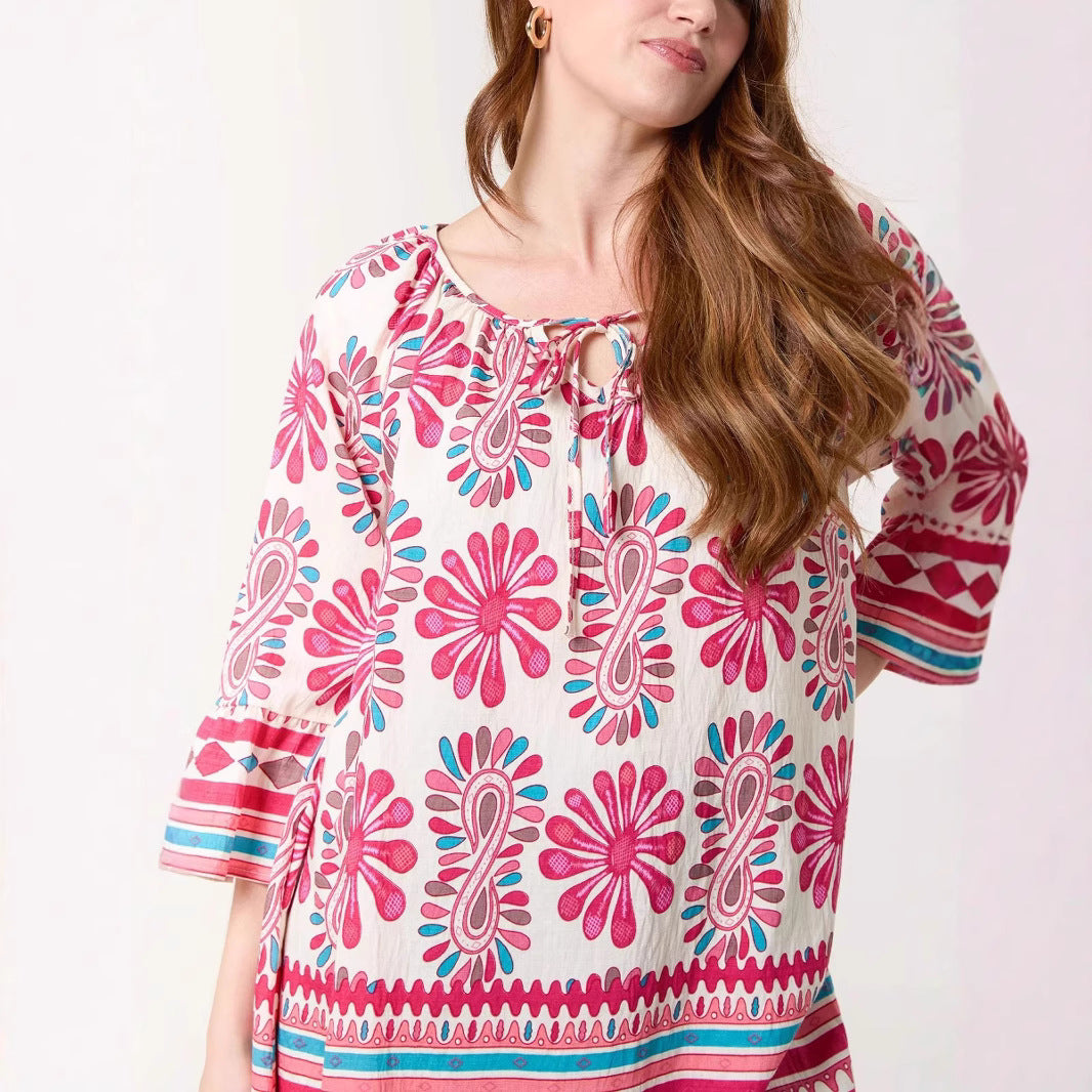 Women's Bohemian-inspired floral pattern tunic top Ivyshape