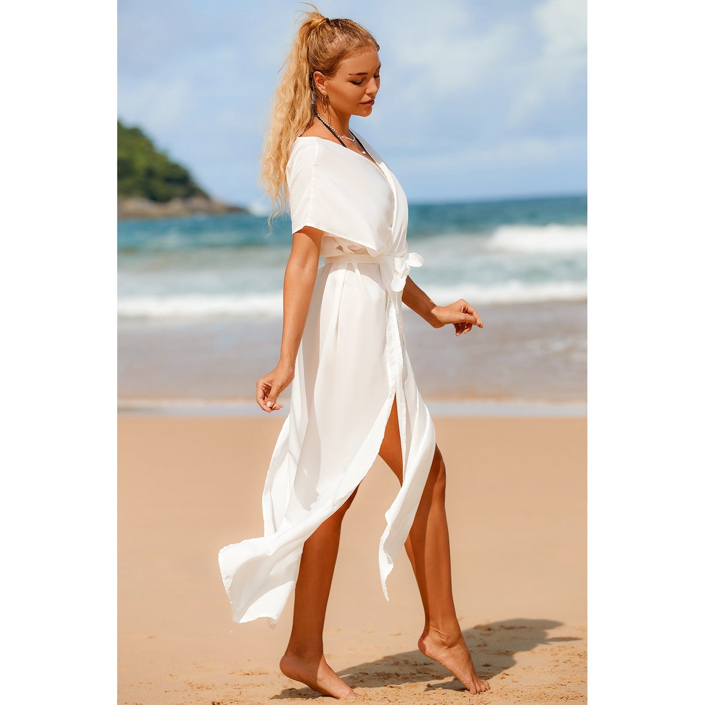 Ladies long beach dress with wide-cut sleeves and elegant waistline Ivyshape