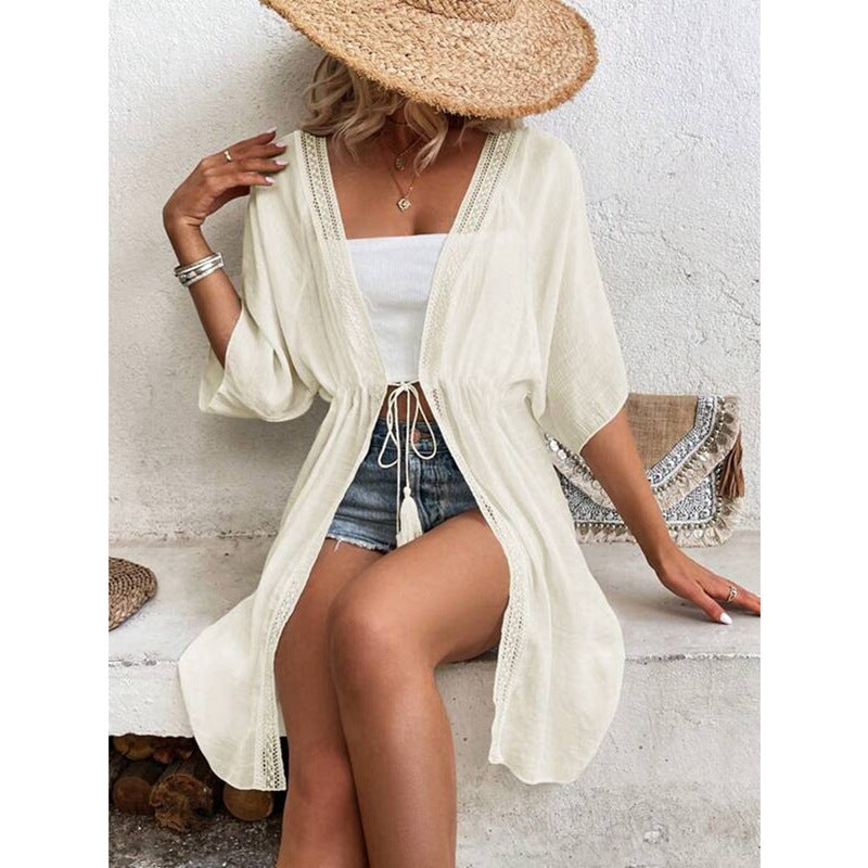 Women's beach tunic with elegant tie belt and lace accents Ivyshape