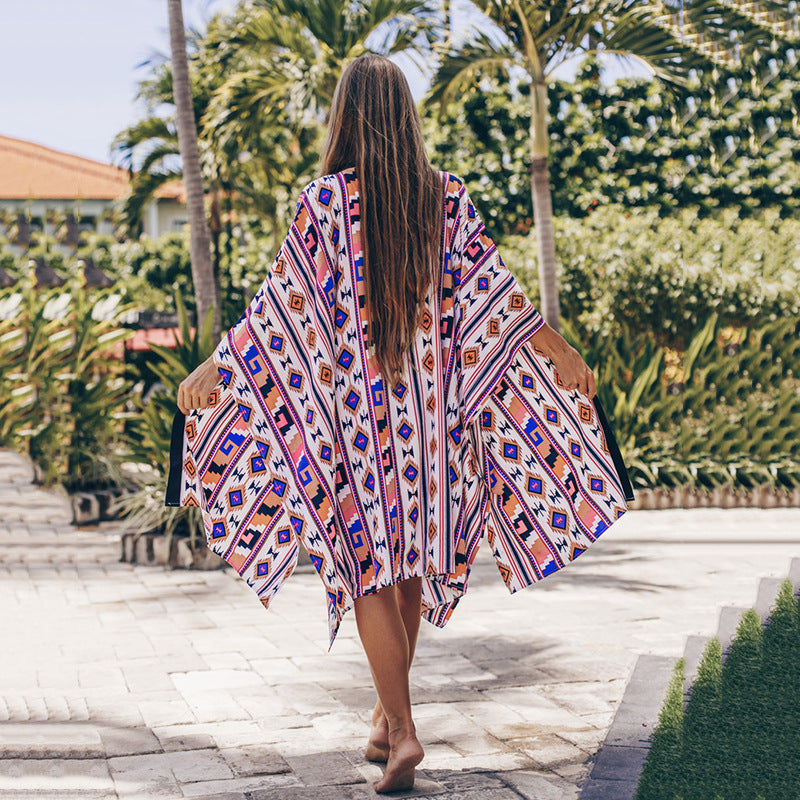Women's elegant beach kimono with floral pattern and wide-cut sleeves Ivyshape