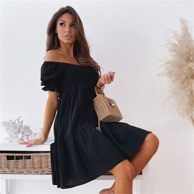 Women's Summer Off-Shoulder Dress with Ruffles and Deep Neckline Ivyshape