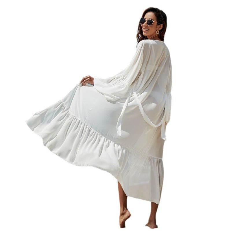 Women's Beach Robe with Elegant Tie Belt and Sophisticated Puff Sleeves Ivyshape