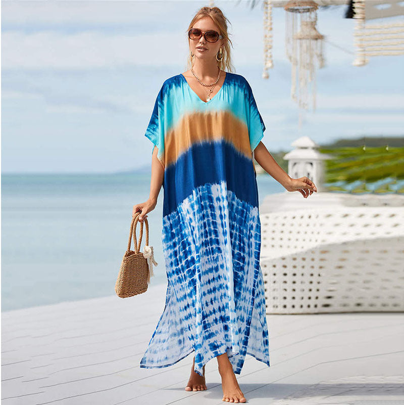 Ladies' maxi beach dress with striking dye pattern and flared cut Ivyshape