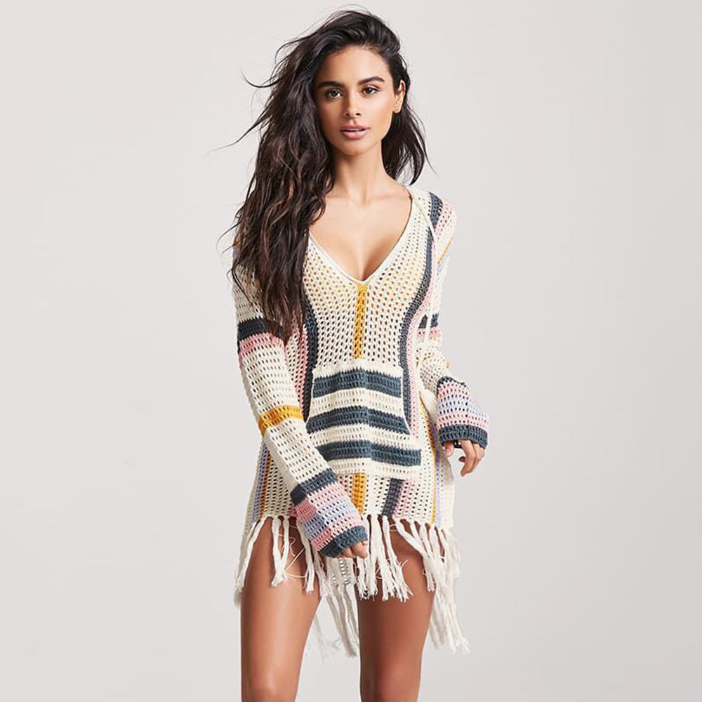 Women's Crochet Beach Poncho with Fringed Hem and Modern Stripes Ivyshape