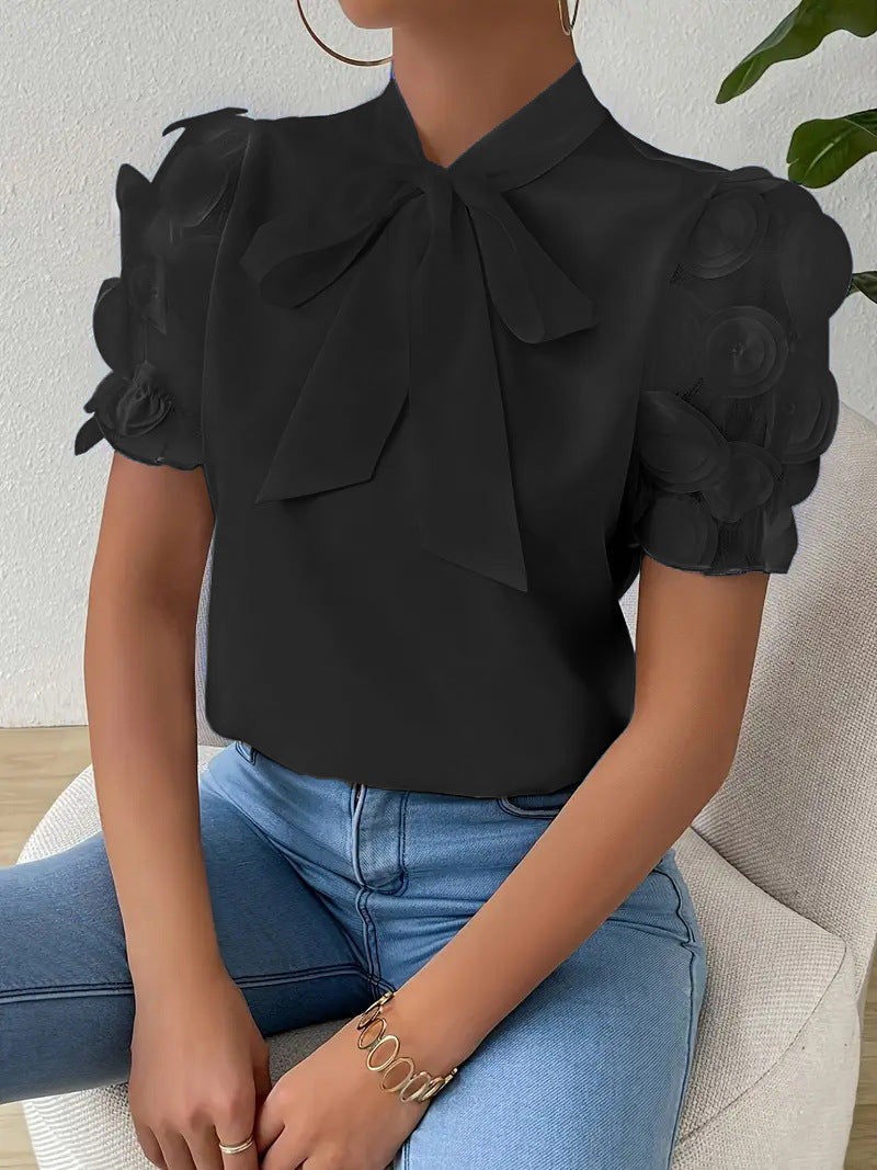 Women's blouse with transparent puff sleeves and chic bow Ivyshape