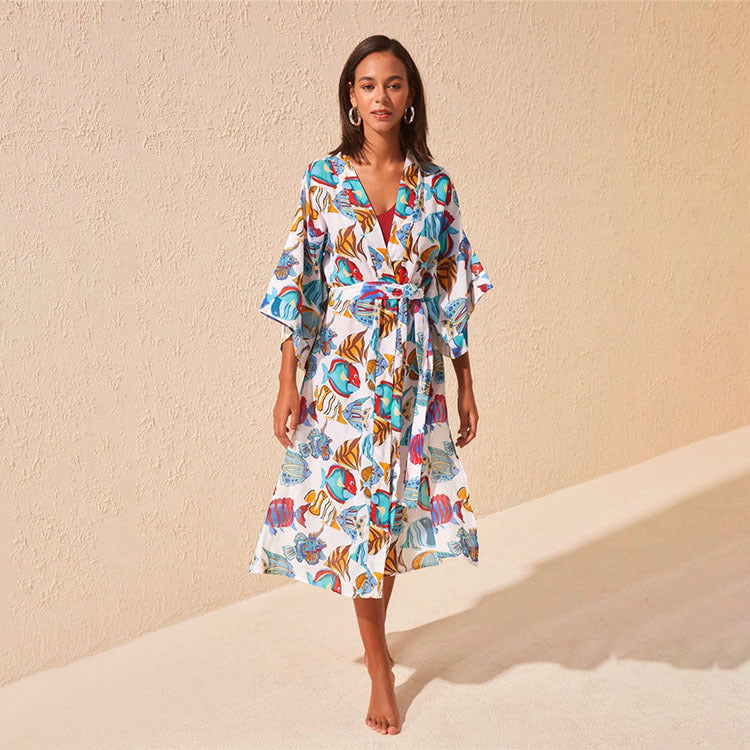 Women's beach robe with colorful fish cut Ivyshape