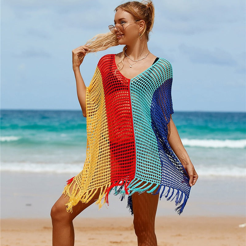 Women Airy Beach Tunic with Colorful Fringes and Mesh Design Ivyshape