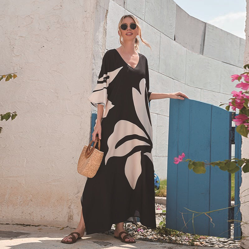 Women’s Maxi Kaftan with Floral Design and V-Neck Ivyshape