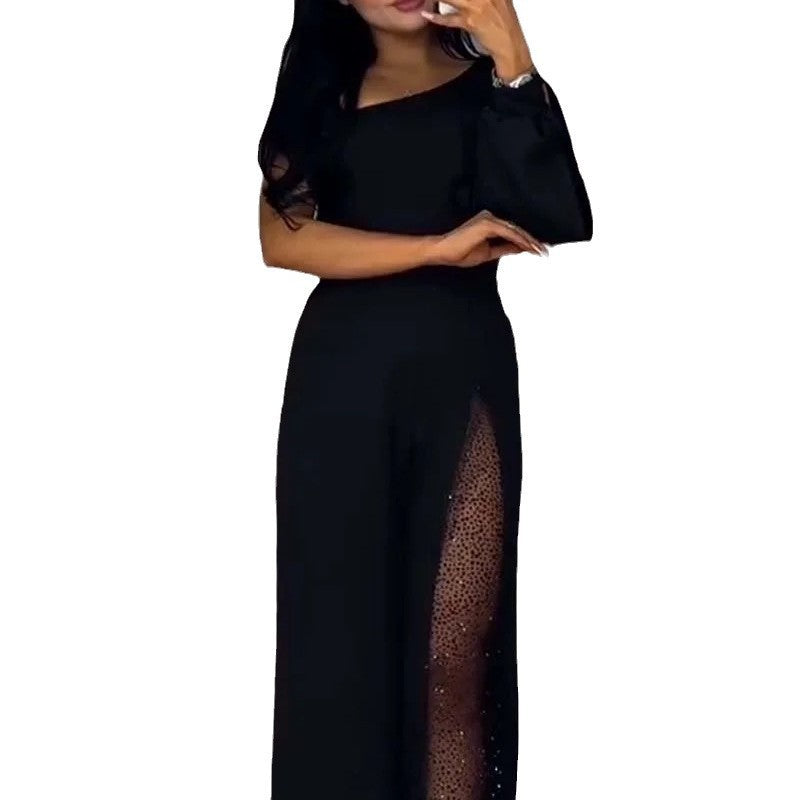 Asymmetrical one-sided women's jumpsuit with sequin panel Ivyshape