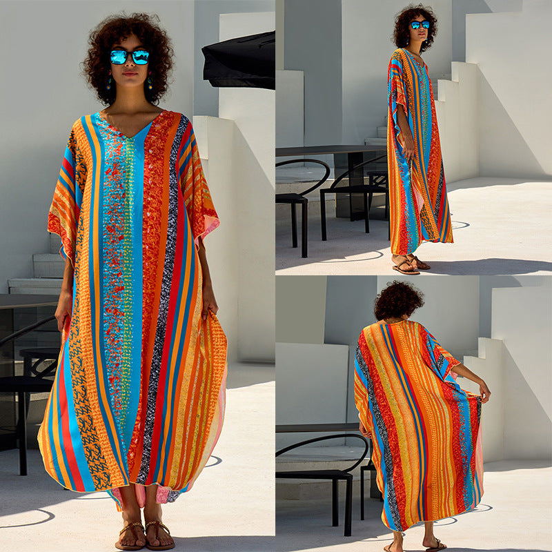 Ladies beach kaftan with cheerful floral design and loose fit Ivyshape