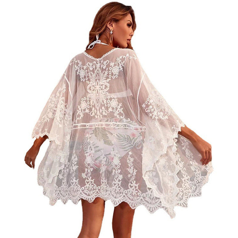 Women's transparent crochet beach tunic with delicate floral motifs Ivyshape