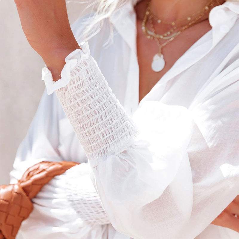 Women Casual Shirt Blouse with Voluminous Sleeves and Fine Stripes Ivyshape