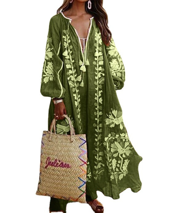 Ladies Long Kaftan with Floral Embroidery and Airy Sleeves Ivyshape