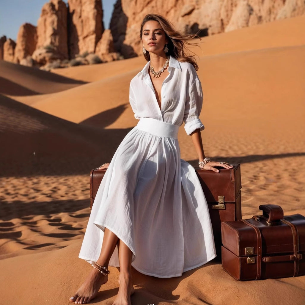 Women's shirt dress with asymmetrical hem and elegant waist belt Ivyshape