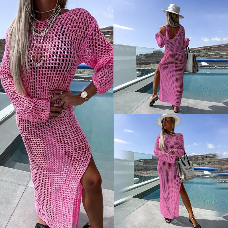 Women's crochet beach dress with deep slit and long cut Ivyshape
