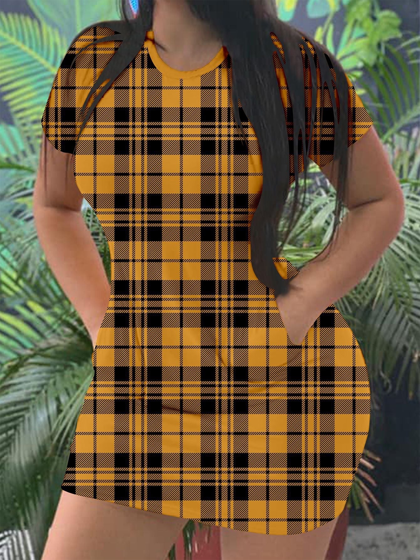 Women checked short sleeve dress Ivyshape