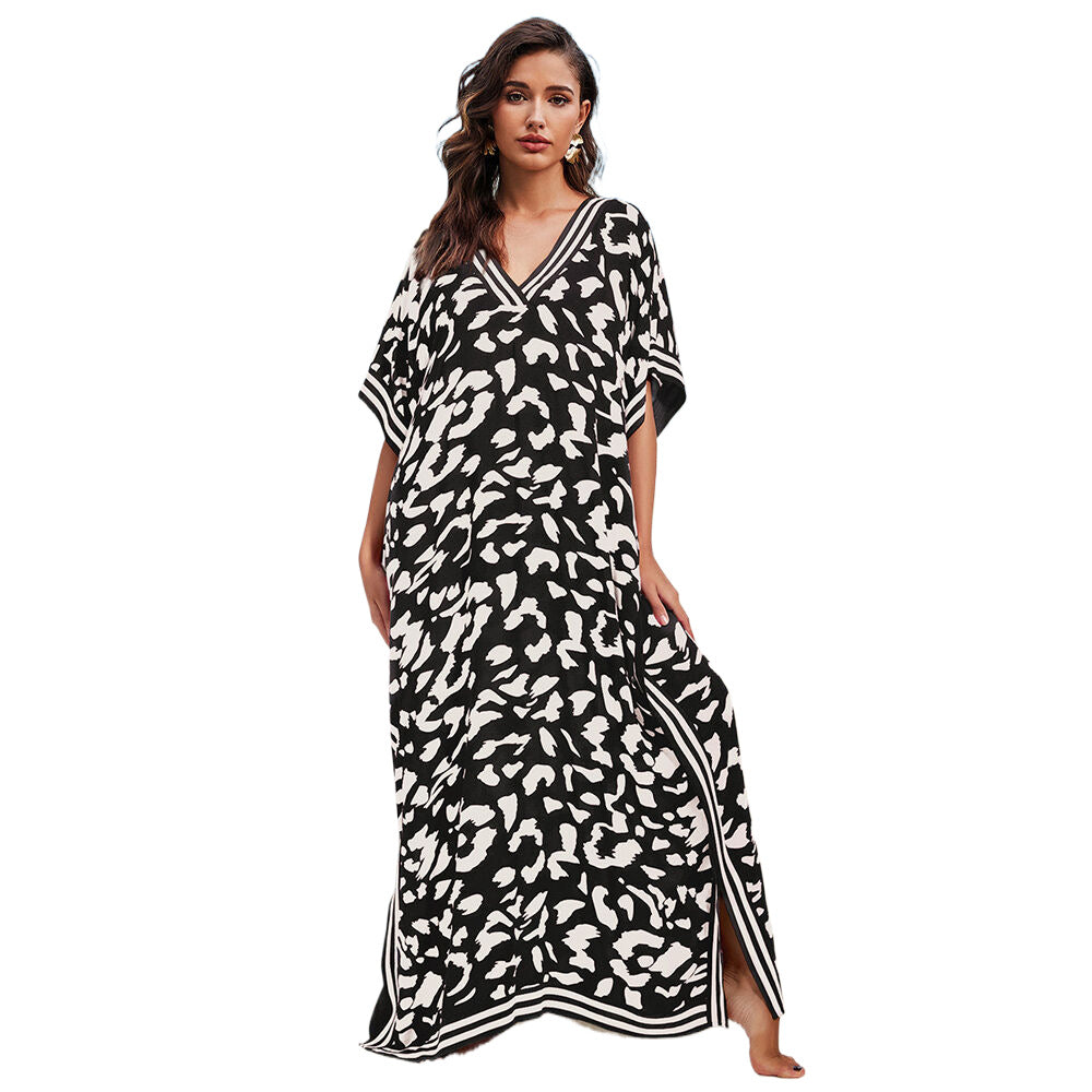 Women's maxi kaftan in a modern animal pattern with deep V-neck Ivyshape