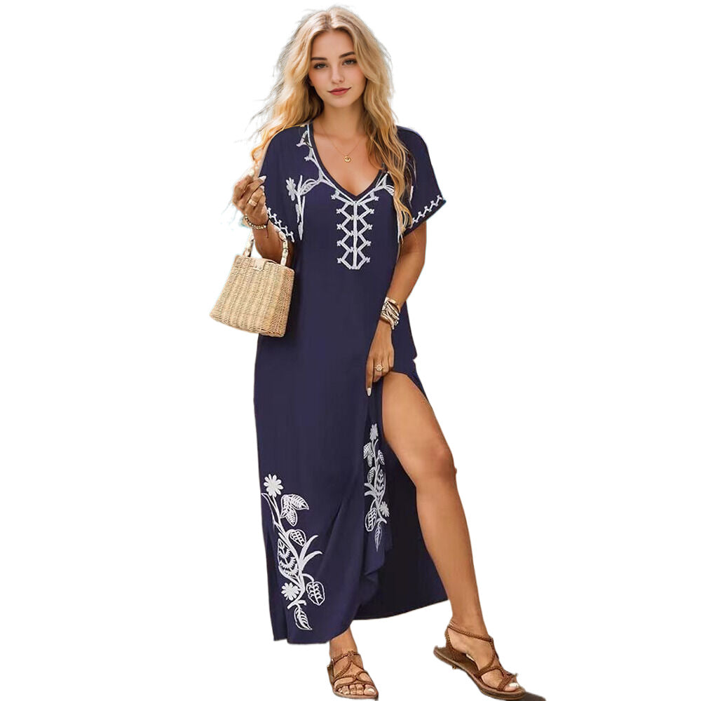 Women's beach dress with elaborate floral embroidery Ivyshape