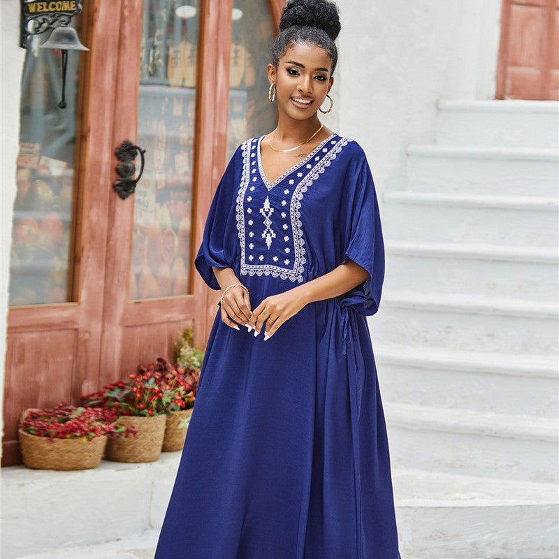 Women's Maxi Dress with artisanal embroidery pattern and loose fit Ivyshape