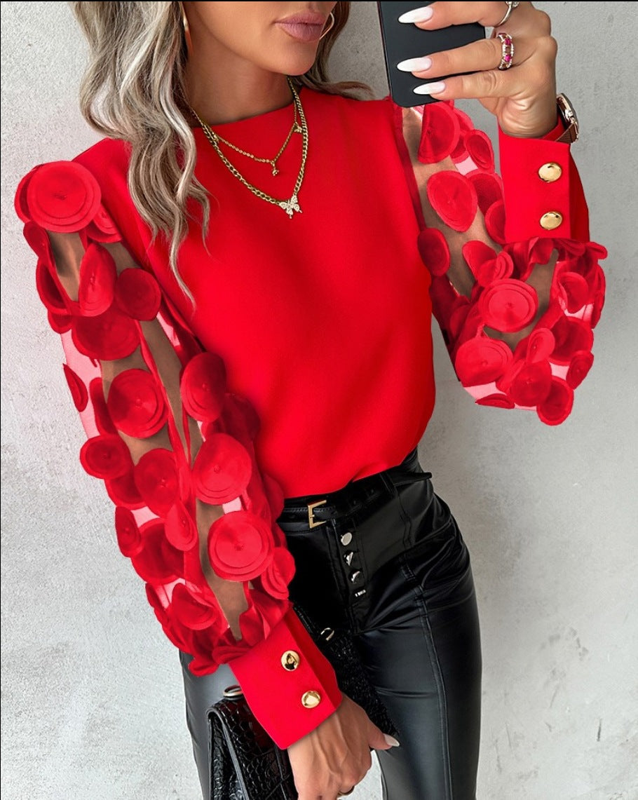 Women Elegant Blouse with Transparent Sleeves and Pompoms Ivyshape