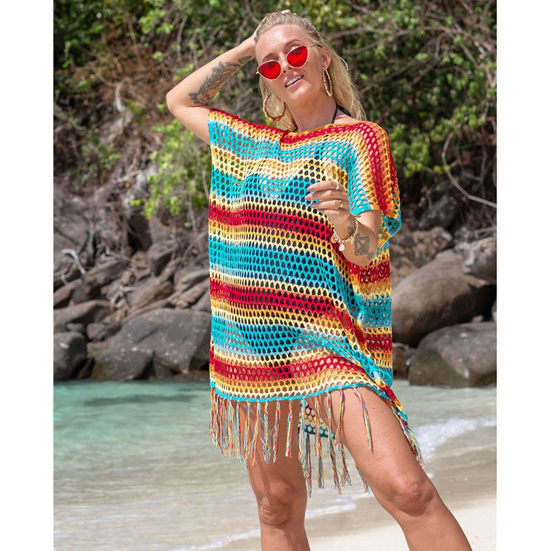 Ladies Net Beach Cover-Up with Colorful Fringe Ivyshape