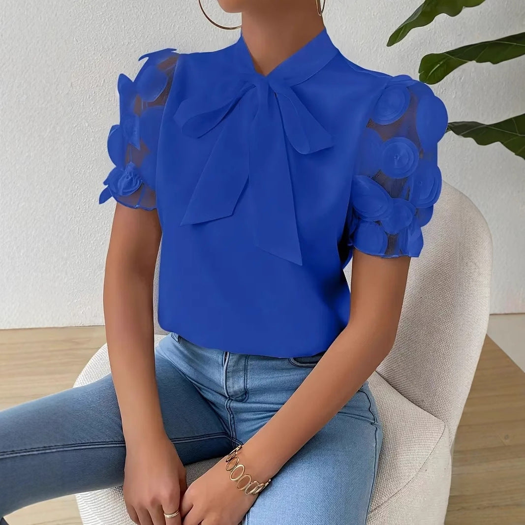 Women's blouse with transparent puff sleeves and chic bow Ivyshape