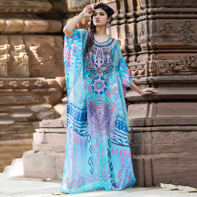 Women's elegant maxi kaftan with elaborate ethnic design and side slits Ivyshape
