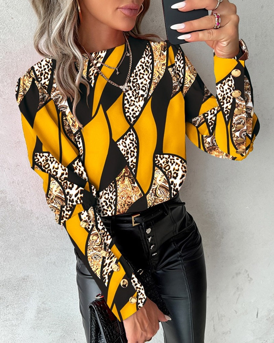 Ladies Fashionable Blouse with Unique Pattern and Golden Buttons Ivyshape