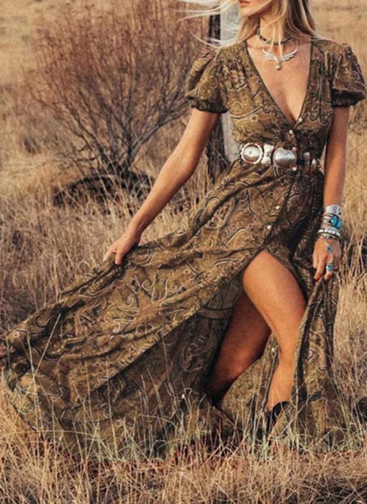 Ladies Maxidress with elegant puff sleeves and refined slit Ivyshape