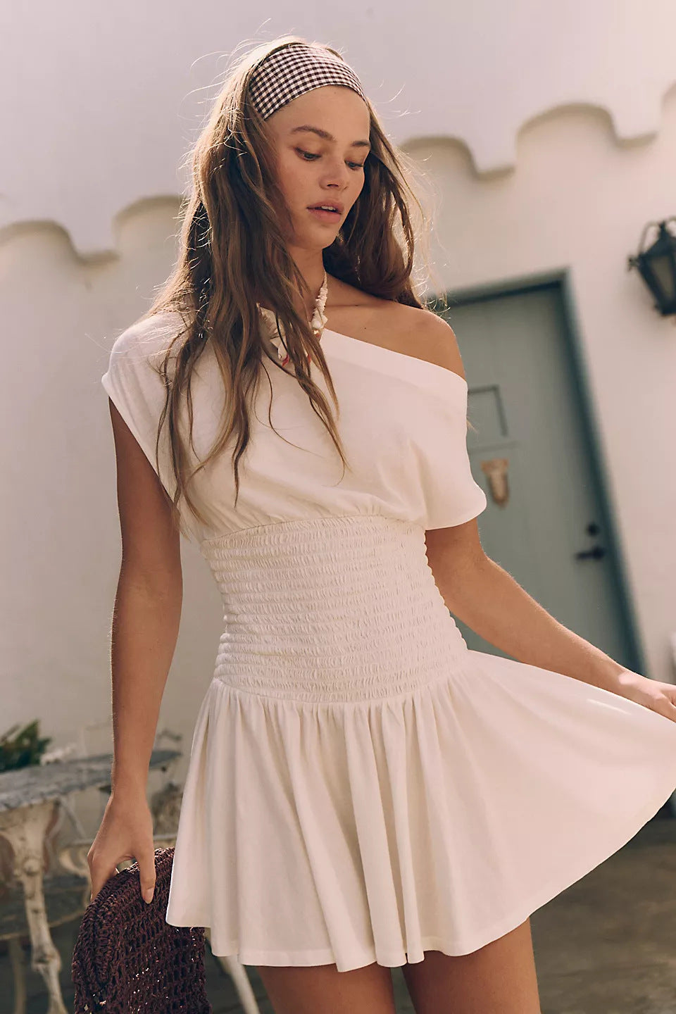 Women's Off-Shoulder Smocked Mini Dress Ivyshape