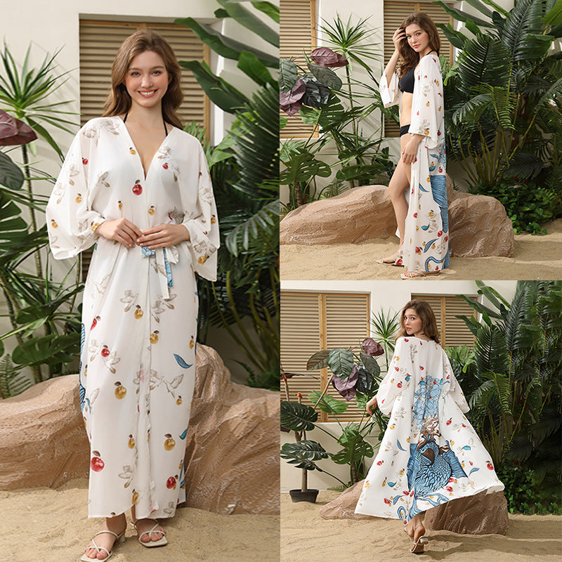 Women's beach cover-up with floral design and side lacing Ivyshape
