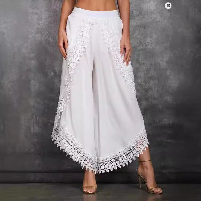 Ladies Elegant Lace Trim Wide Pants Ivyshape