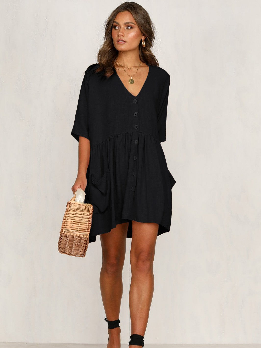 Women's casual short sleeve dress with button detail and pocket Ivyshape
