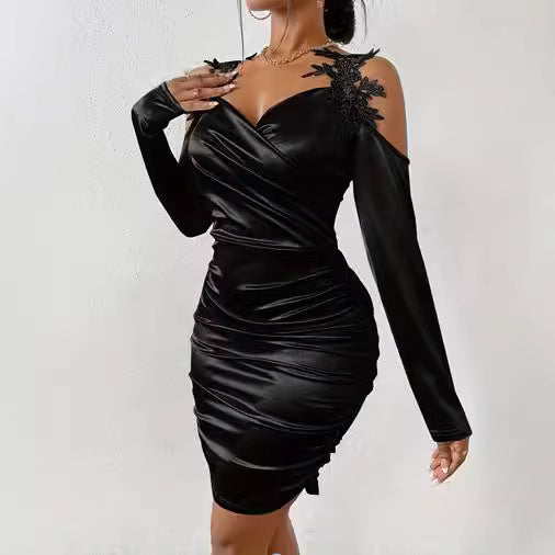 Women's mini dress with ruffle details and open shoulder area Ivyshape