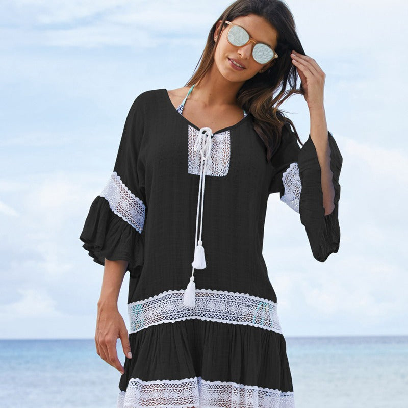 Women's beach dress with refined crochet and ruffle sleeves Ivyshape