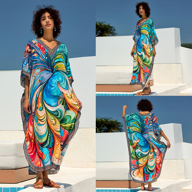 Ladies beach kaftan with cheerful floral design and loose fit Ivyshape