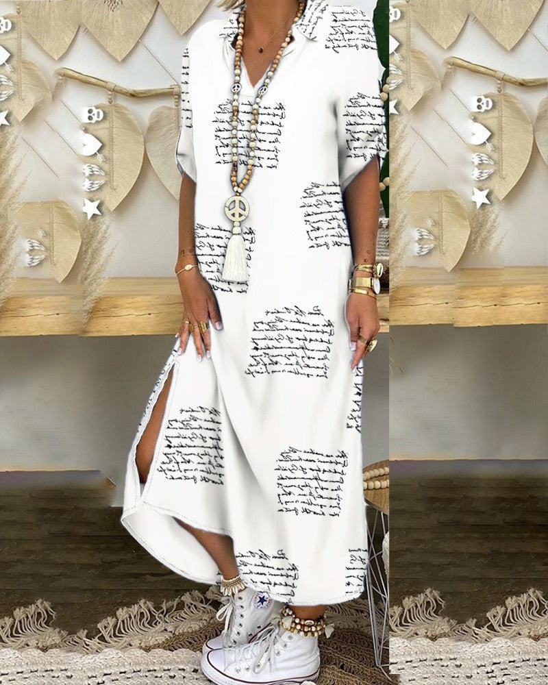 Ladies Long Sleeve Dress with Elegant Schrift Pattern and Side Slits Ivyshape