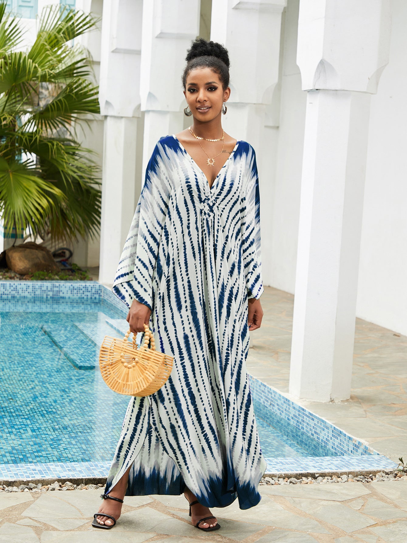 Ladies Maxi Beach Dress with Deep V-Neck and Playful Slit Ivyshape