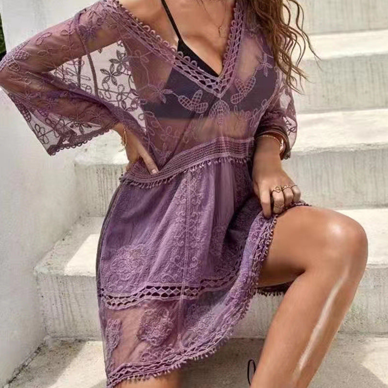 Women's Transparent Beach Tunic with Artistic Embroidery and Elegant V-Neck Ivyshape