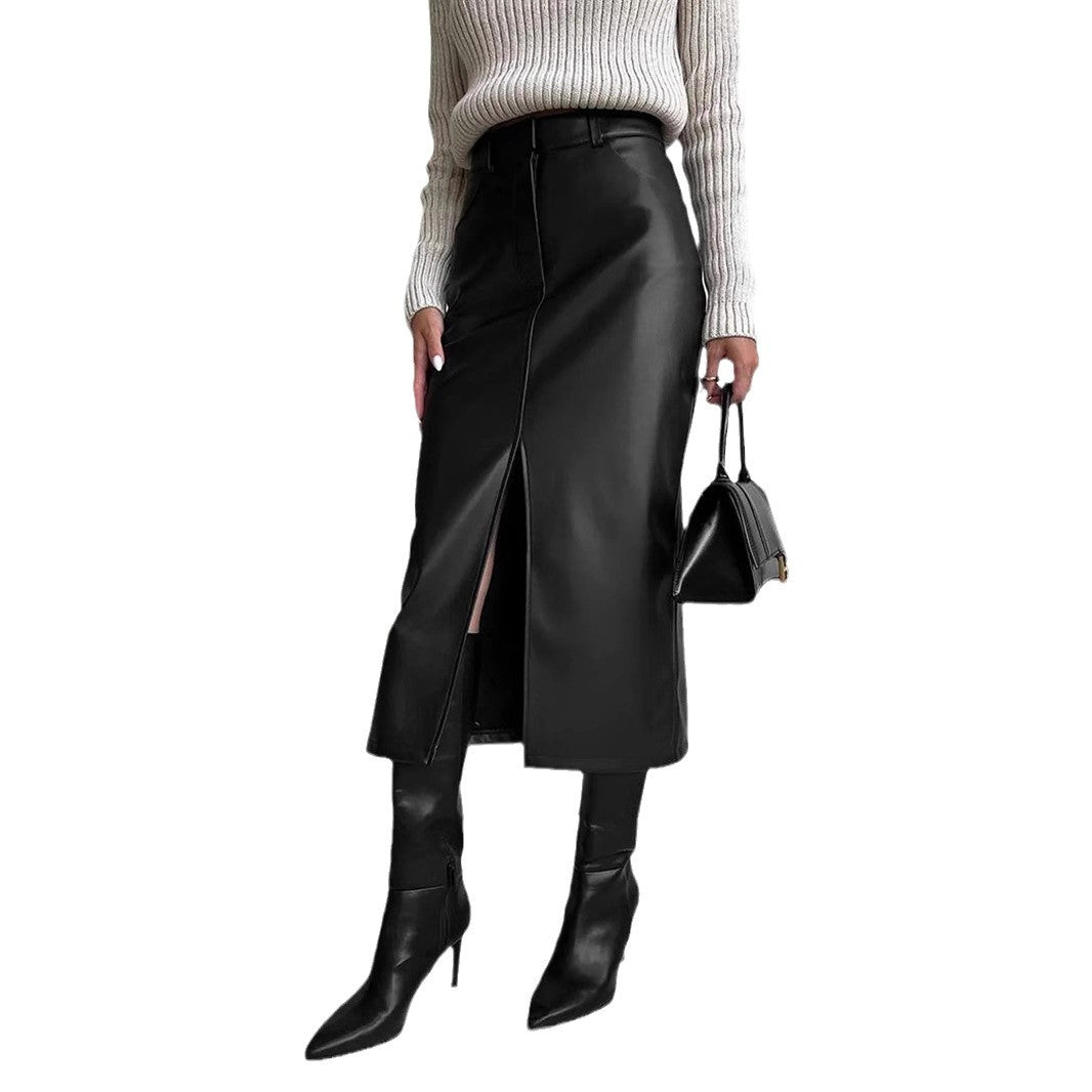 Women Sophisticated High Slit Faux Leather Midi Skirt Ivyshape