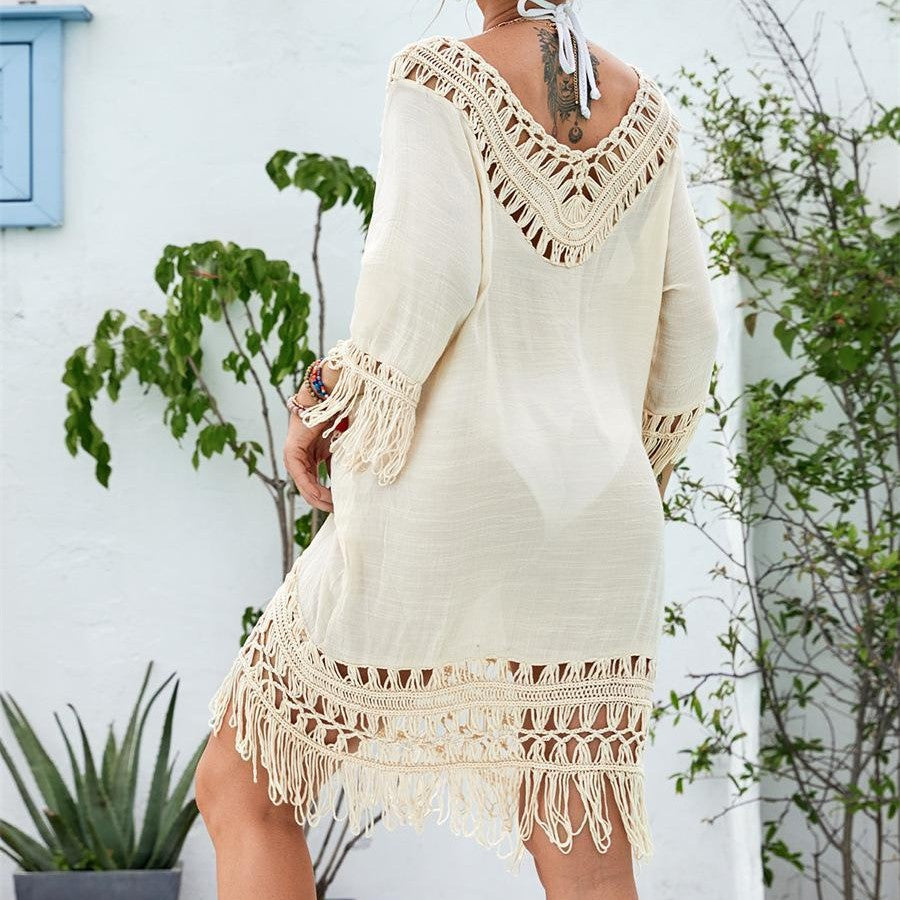 Women’s beach cover-up with stylish fringes and attractive crochet accents Ivyshape