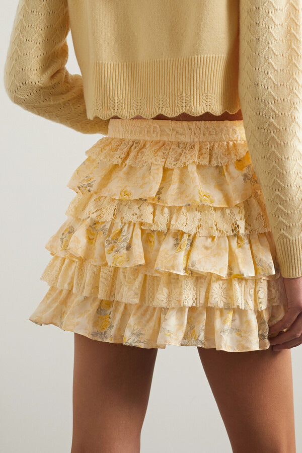 Ladies Ruffled Lace Flower Mini Skirt Ivyshape