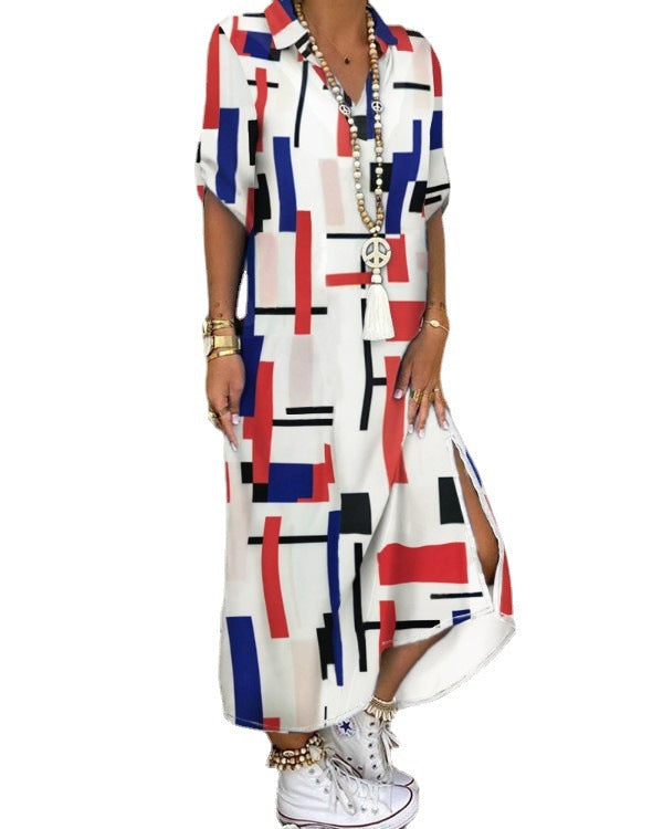 Ladies Long Sleeve Dress with Elegant Schrift Pattern and Side Slits Ivyshape