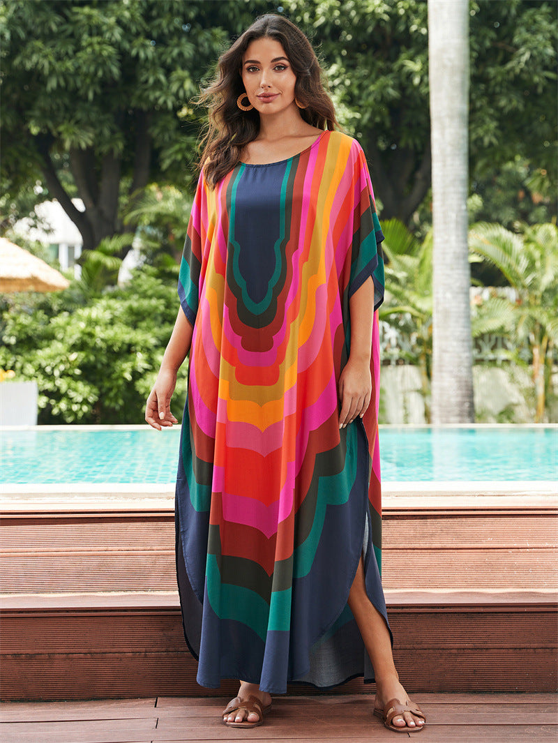 Women's trendy beach kaftan with colorful wave pattern and wide sleeves Ivyshape