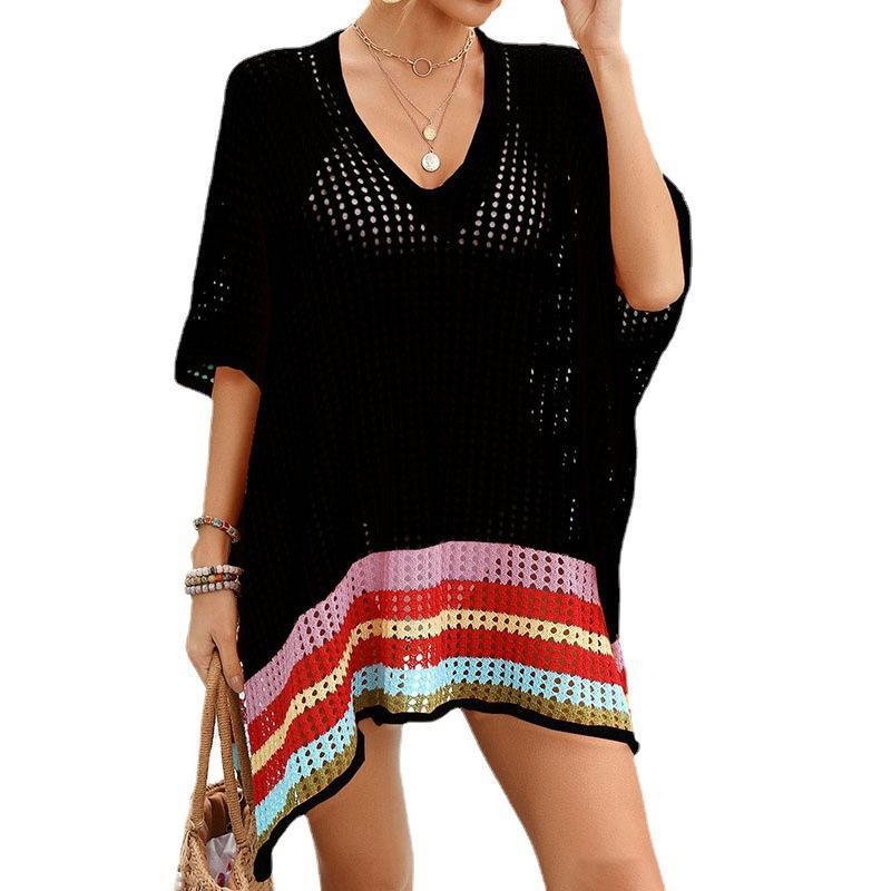 Women's Loose Crochet Beach Cover-Up with Colorful Stripes Ivyshape