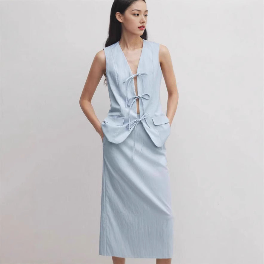 Ladies Elegant Maxi Dress with Chic Lacing and Lapel Ivyshape