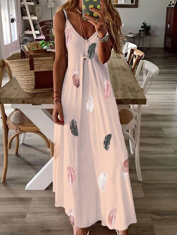 Women’s maxi dress with feather print and set-in sleeves Ivyshape