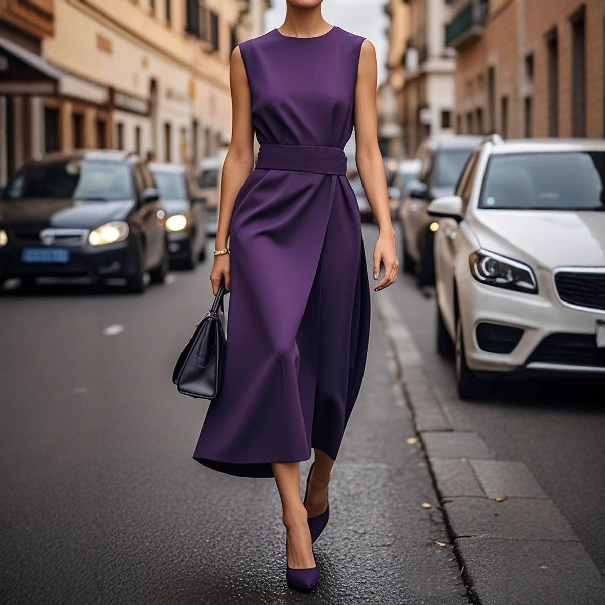 Women's midi dress with elegant V-neck and flowing skirt Ivyshape
