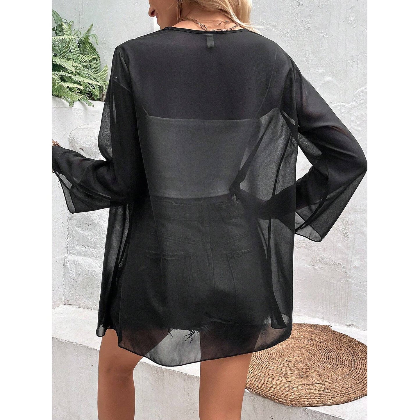 Ladies Transparent Beach Jacket with Loose-Fitting Sleeves and Pockets Ivyshape
