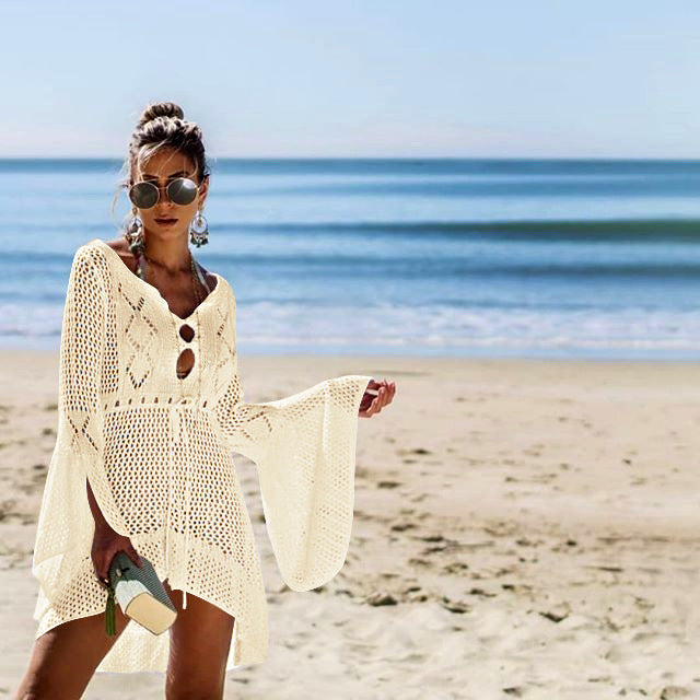 Women Casual Crochet Beach Cover-Up with Deep V-Neck and Loose Fit Ivyshape